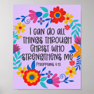 Philippians 4:13 Bible Scripture Folk Art Floral Poster