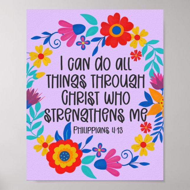 Philippians 4:13 Bible Scripture Folk Art Floral Poster (Front)
