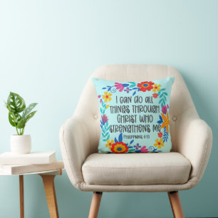 Philippians 4:13 Bible Scripture Folk Art Floral Throw Pillow