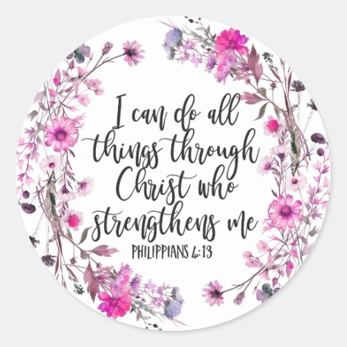 Philippians 413 Bible Scripture Pink and Purple Classic Round Sticker