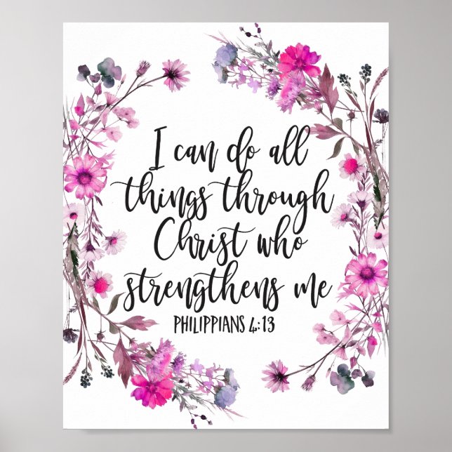 Philippians 4:13 Bible Scripture Pink and Purple Poster (Front)