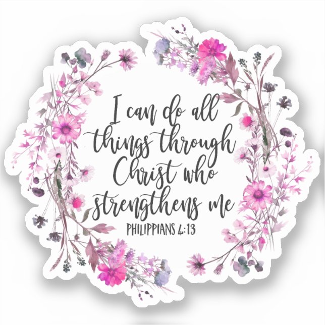 Philippians 4:13 Bible Scripture Pink and Purple Sticker (Front)