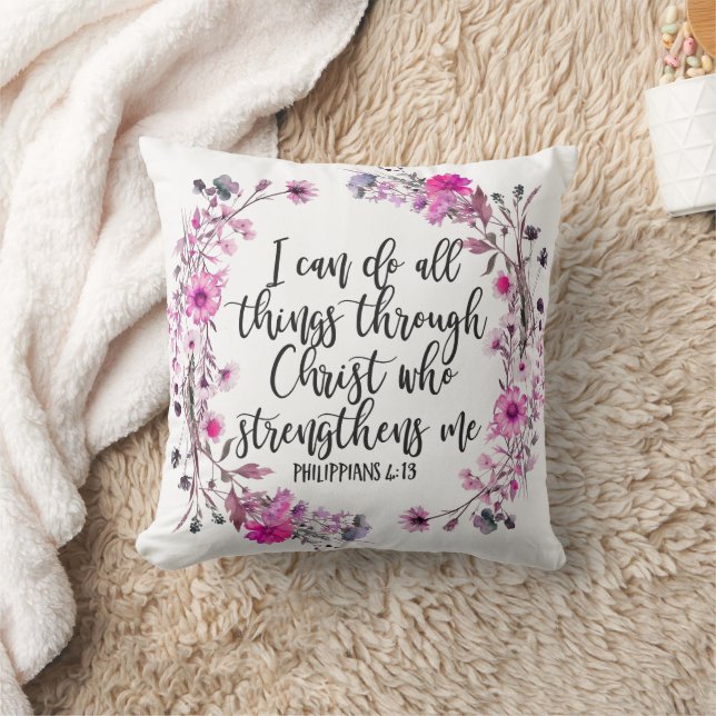 Philippians 4:13 Bible Scripture Pink and Purple Throw Pillow (Blanket)