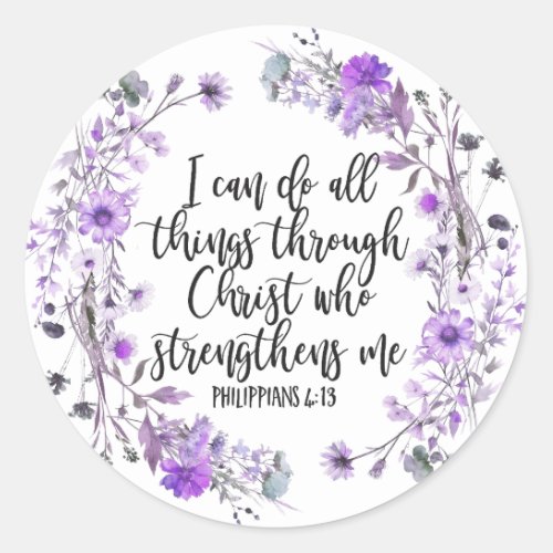 Philippians 413 Bible Scripture Purple Lavender Classic Round Sticker