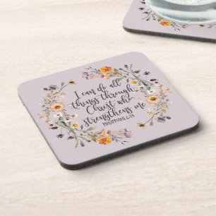 Philippians 4:13 Bible Scripture Verse Floral Boho Beverage Coaster