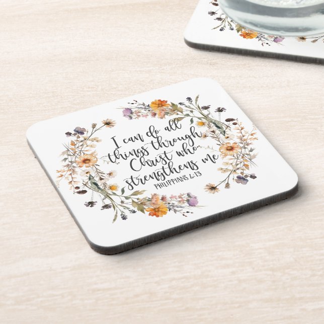 Philippians 4:13 Bible Scripture Verse Floral Boho Beverage Coaster (Left Side)