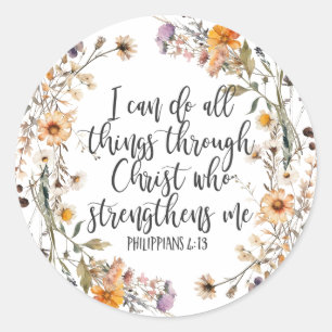 Philippians 4:13 Bible Scripture Verse Floral Boho Classic Round Sticker