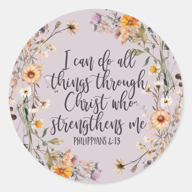 Philippians 4:13 Bible Scripture Verse Floral Boho Classic Round Sticker (Front)