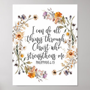 Philippians 4:13 Bible Scripture Verse Floral Boho Poster