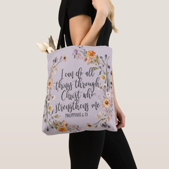 Philippians 4:13 Bible Scripture Verse Floral Boho Tote Bag (Close Up)