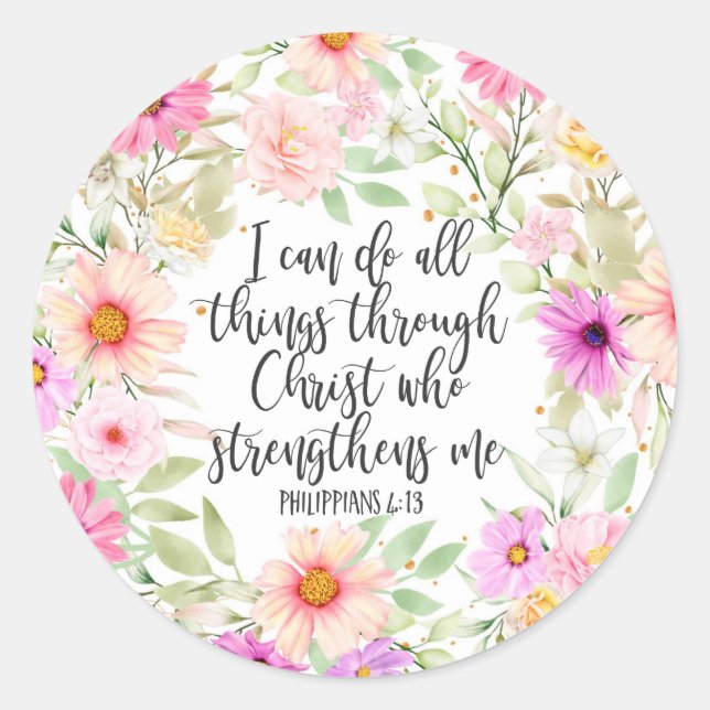 Philippians 4:13 Bible Scripture Verse Floral Classic Round Sticker (Front)