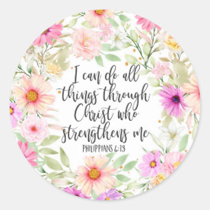 Philippians 4:13 Bible Scripture Verse Floral Classic Round Sticker