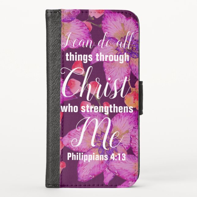 Philippians 4:13 Bible Verse Floral iPhone Wallet Case (Front)