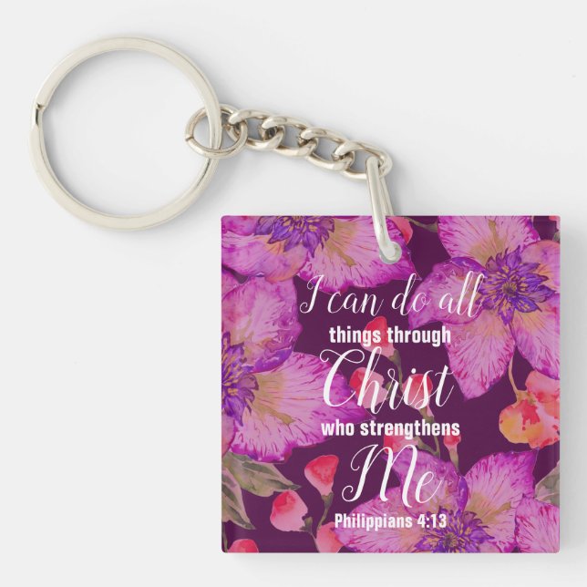 Philippians 4:13 Bible Verse Floral Keychain (Front)