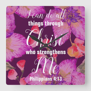 Philippians 4:13 Bible Verse Floral Square Wall Clock