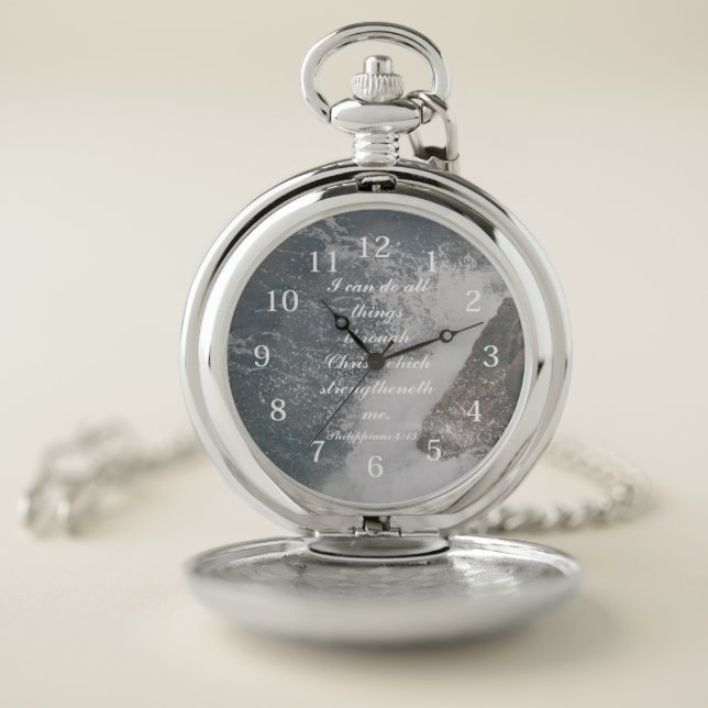Philippians 4:13 Bible Verse Majestic Ocean  Pocket Watch (Inside)