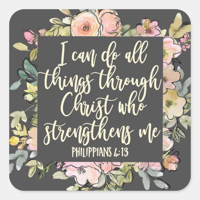 Philippians 4:13 Bible Verse Pretty Pastel Floral Square Sticker (Front)