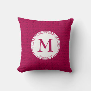 Philippians 4:13 Magenta Pink Monogram Christian Throw Pillow