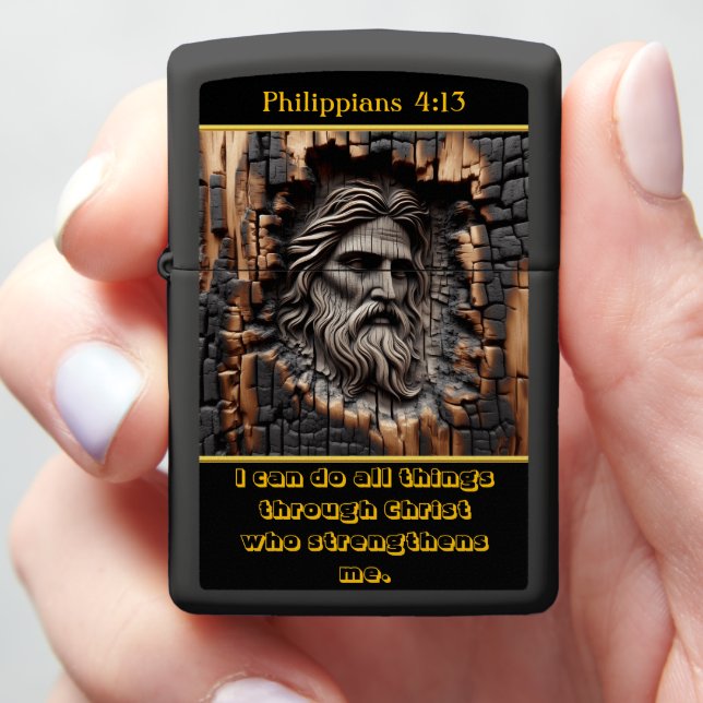 Philippians 4:13 Mythical Wooden Sculpture Zippo Lighter (In Hand)