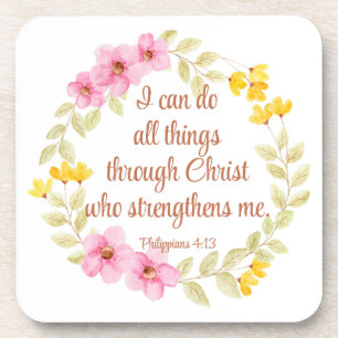 Philippians 4:13 Pink and Yellow Floral Scripture Beverage Coaster
