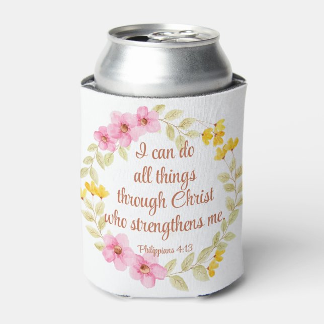 Philippians 4:13 Pink and Yellow Floral Scripture Can Cooler (Can Front)