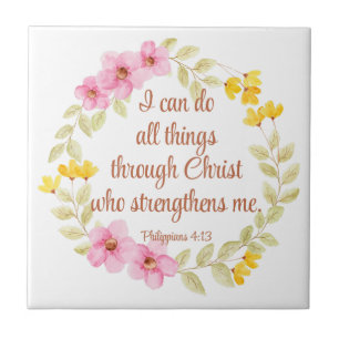 Philippians 4:13 Pink and Yellow Floral Scripture Ceramic Tile