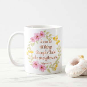 Philippians 4:13 Pink and Yellow Floral Scripture Coffee Mug