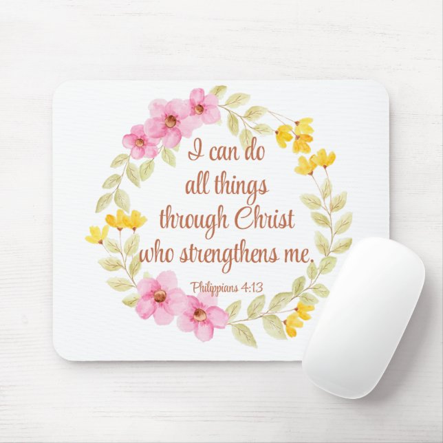 Philippians 4:13 Pink and Yellow Floral Scripture Mouse Pad (With Mouse)