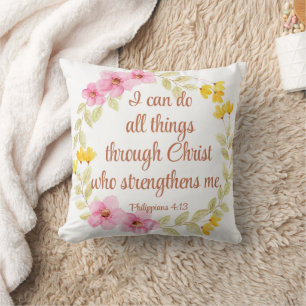 Philippians 4:13 Pink and Yellow Floral Scripture Throw Pillow