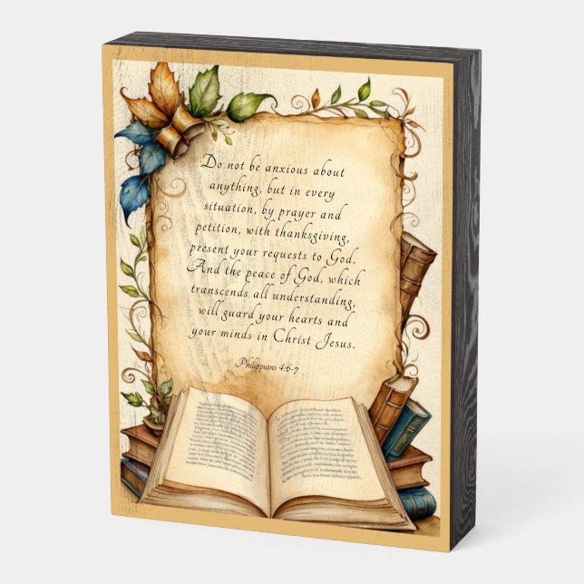 Philippians 4:6-7 Christian Bible Verse Art Wooden Box Sign (Angled Vertical)