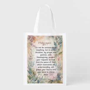 Philippians 4:6-7 Christian Bible Verse Watercolor Grocery Bag
