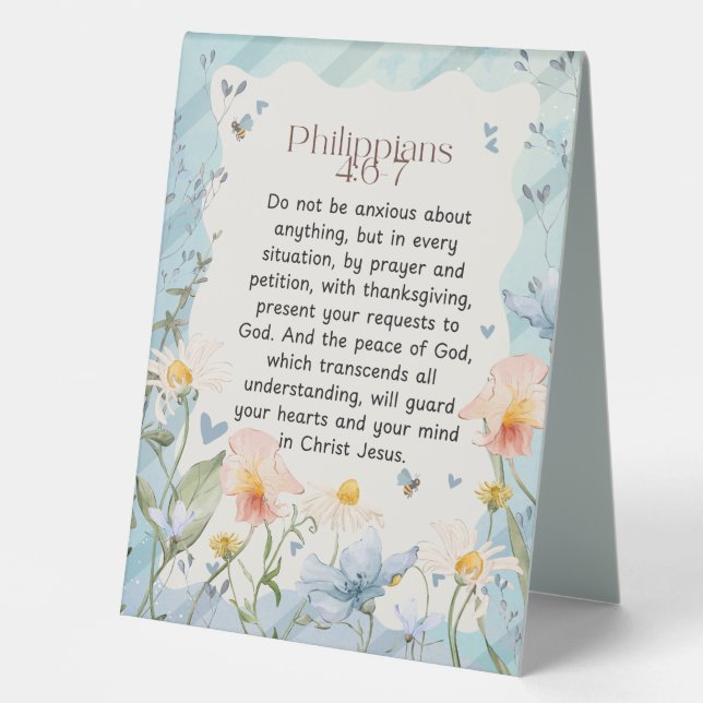 Philippians 4:6-7 Christian Bible Verse Watercolor Table Tent (Front)