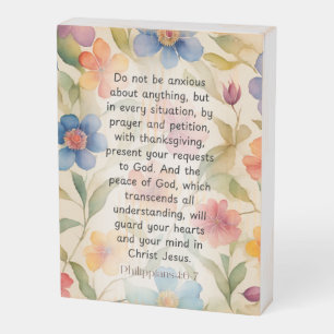 Philippians 4:6-7 Christian Bible Verse Watercolor Wooden Box Sign