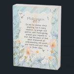 Philippians 4:6-7 Christian Bible Verse Watercolor Wooden Box Sign<br><div class="desc">This scripture design features the uplifting Bible verse Philippians 4:6-7, beautifully set against a vibrant watercolor wallpaper background. The lively colors blend harmoniously, creating an atmosphere of joy and peace. The flowing brushstrokes and gentle hues evoke a sense of calm, reflecting the verse’s themes of tranquility and trust in God....</div>