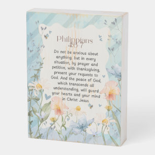 Philippians 4:6-7 Christian Bible Verse Watercolor Wooden Box Sign