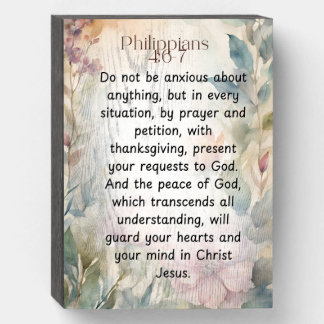 Philippians 4:6-7 Christian Bible Verse Watercolor Wooden Box Sign