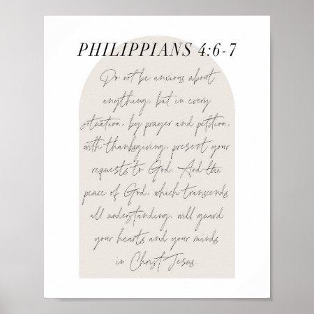 Philippians 4:6-7 Minimal Boho Beige Arch Script Poster
