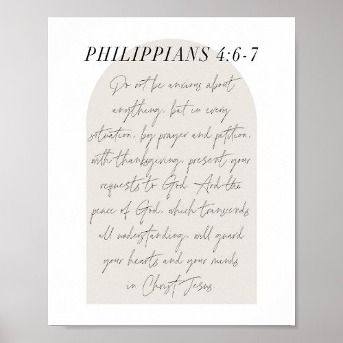 Philippians 46_7 Minimal Boho Beige Arch Script Poster
