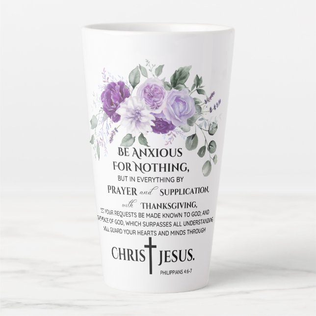 Philippians 4:6-7 Scripture Purple Flower Latte Mug (Front)