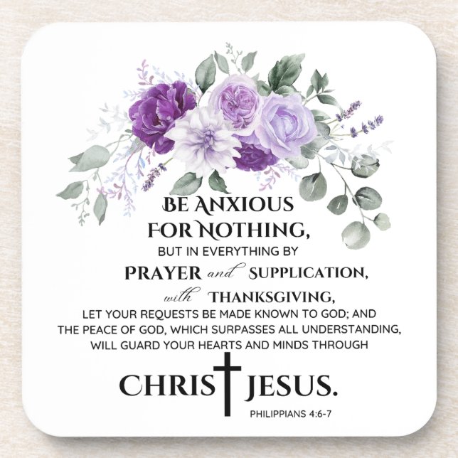 Philippians 4:6-7 Scripture Purple Flowers Beverage Coaster (Front)