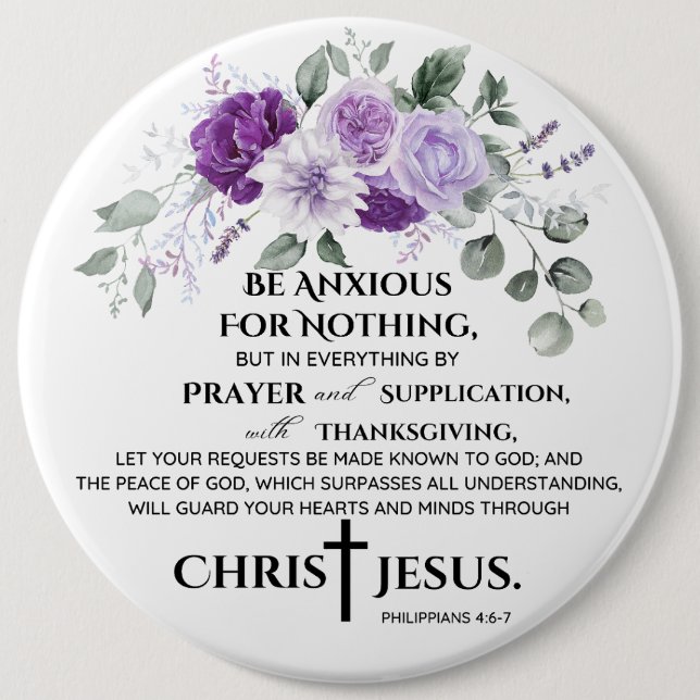 Philippians 4:6-7 Scripture Purple Flowers Button (Front)