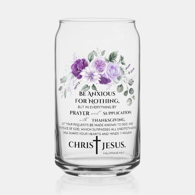 Philippians 4:6-7 Scripture Purple Flowers Can Glass (Front)