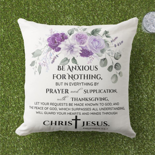 Philippians 4:6-7 Scripture Purple Flowers Outdoor Pillow (Grass)