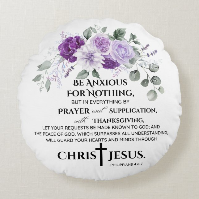 Philippians 4:6-7 Scripture Purple Flowers Round Pillow (Front)