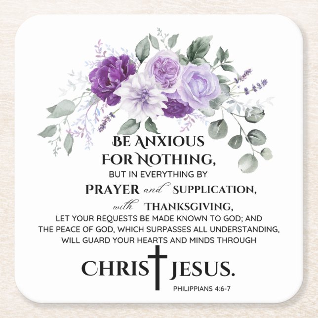 Philippians 4:6-7 Scripture Purple Flowers Square Paper Coaster (Front)