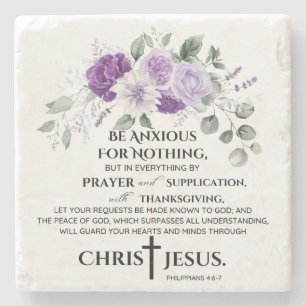 Philippians 4:6-7 Scripture Purple Flowers Stone Coaster