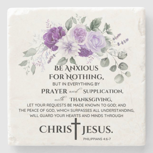 Philippians 4:6-7 Scripture Purple Flowers Stone Coaster (Front)