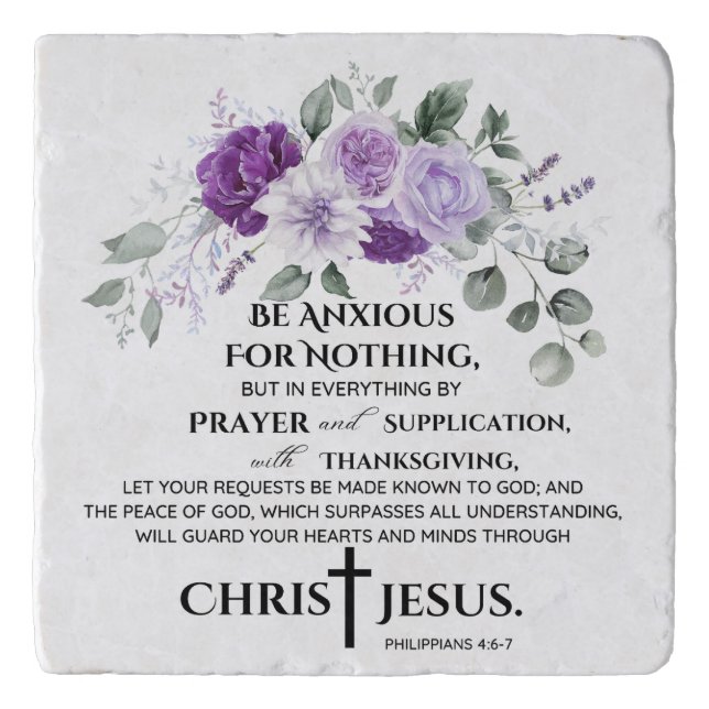 Philippians 4:6-7 Scripture Purple Flowers Trivet (Front)