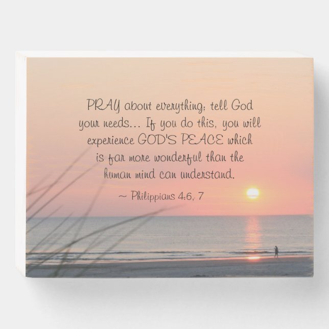 Philippians 4:6 Pray About Everything Ocean Sunset Wooden Box Sign (Front Horizontal)