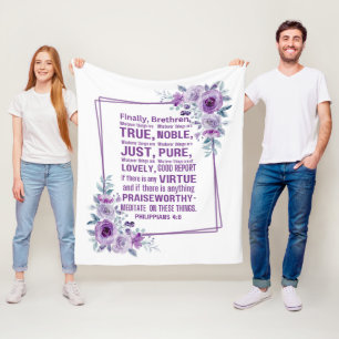 Philippians 4:8 Noble Bible Verse Purple Floral Fleece Blanket
